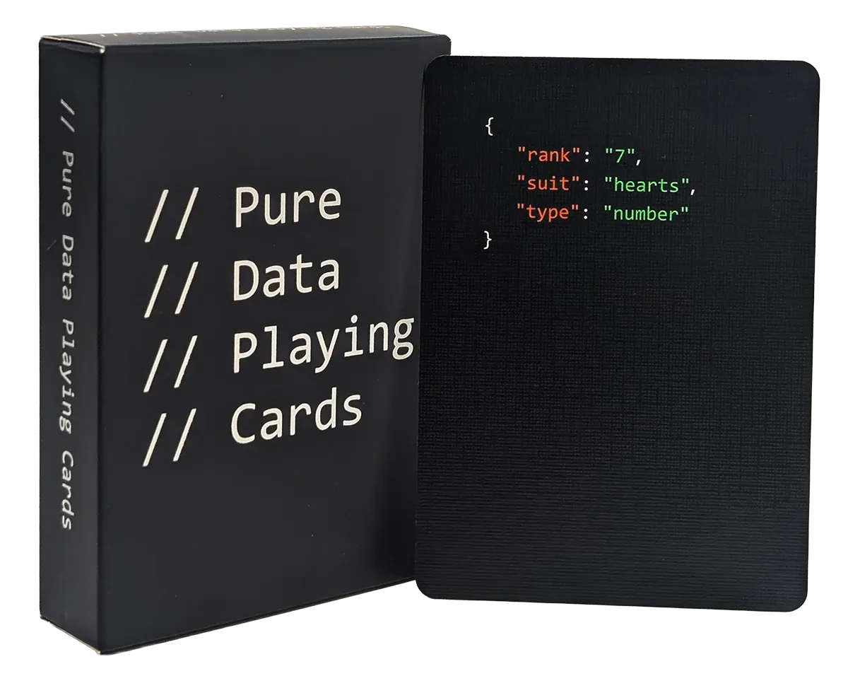 The black Pure Data Playing Cards tuck box beside the seven of hearts card